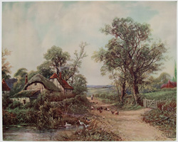 vintage calendar art with cottages, cabins, etc. circa 1930s-1940s